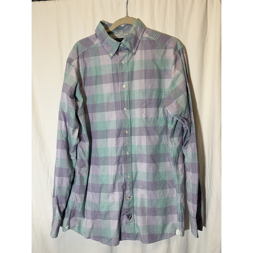 DANIEL CREMIEUX Mens White Green Purple Plaid Linen Shirt Large Tall‎ T36